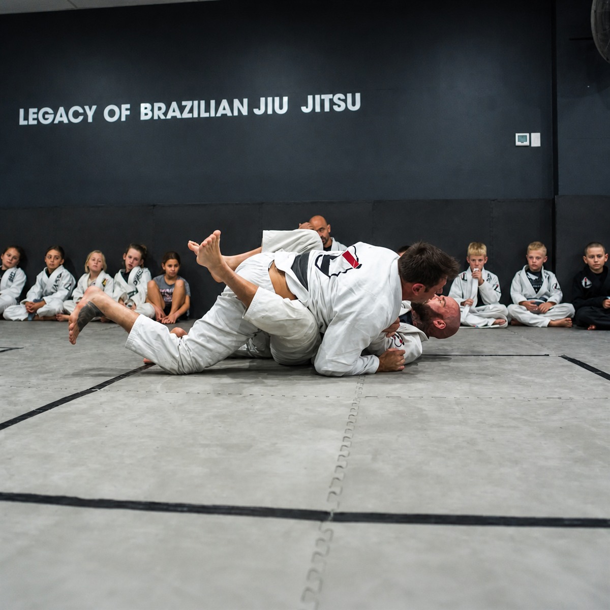 Two adult Brazilian Jiu Jitsu students sparring under supervision at Lasco BJJ in Varsity Lakes